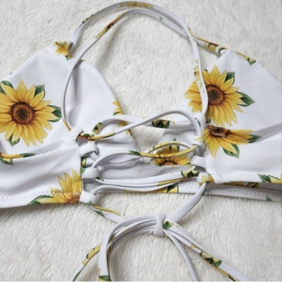 NWOT Shein White & Yellow Sunflower Lace Up Back Thong Bikini SMALL - Picture 4 of 4